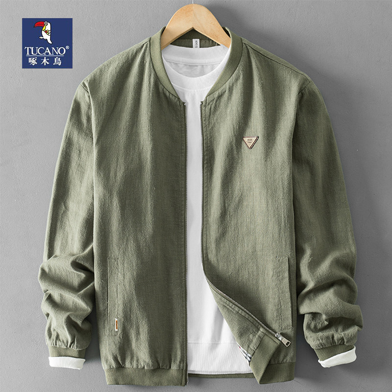 啄木鸟春季复古棉麻夹克外套男士新中式休闲上衣服宽松大码春秋装