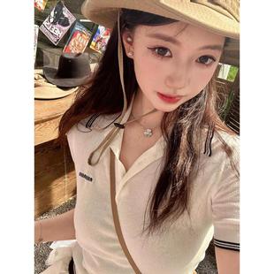 复古miu系麻花短袖 女2025年夏季 美式 针织衫 白色毛衣 新款 POLO衫