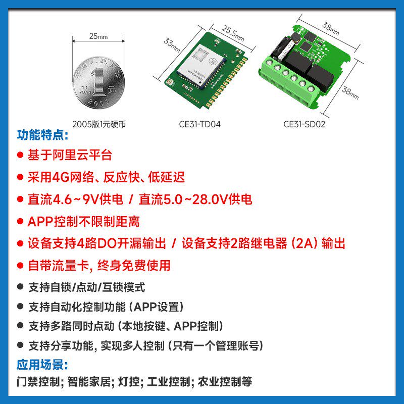 4G手机无线遥控开关继电器模块二次开发门禁控制定时器点动自锁