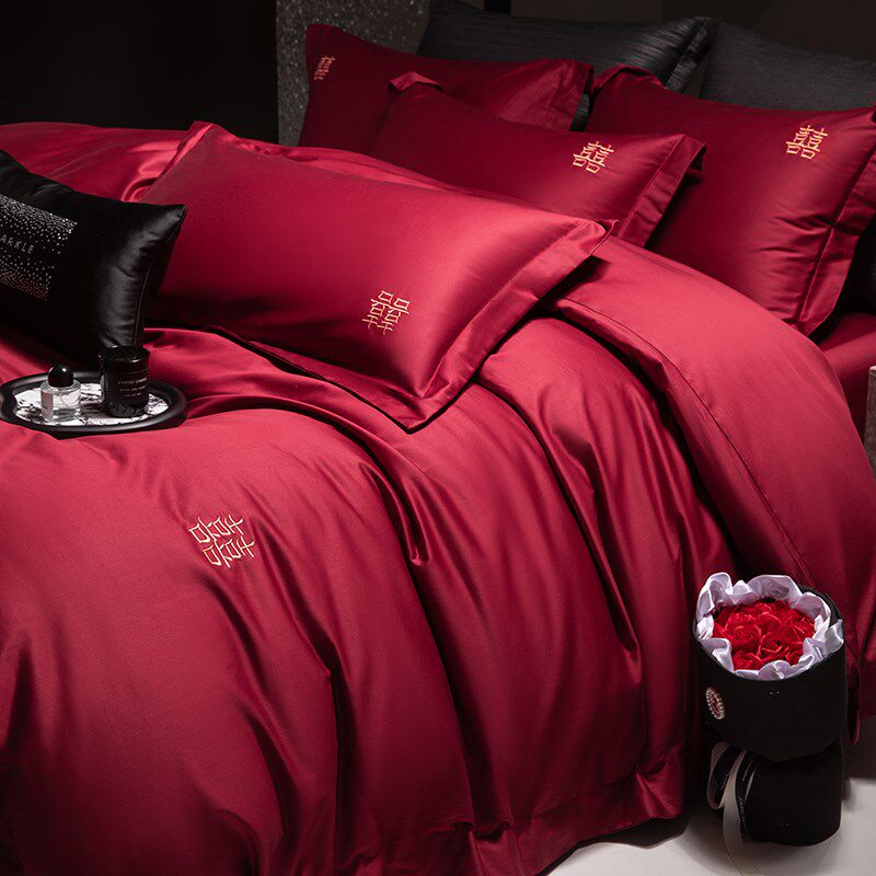 新中式喜字婚庆四件套全棉酒红C色被套结婚用床单陪嫁床上用品,床上用品,婚庆床品套件,淘宝优惠券,粉丝福利购,淘宝优惠卷