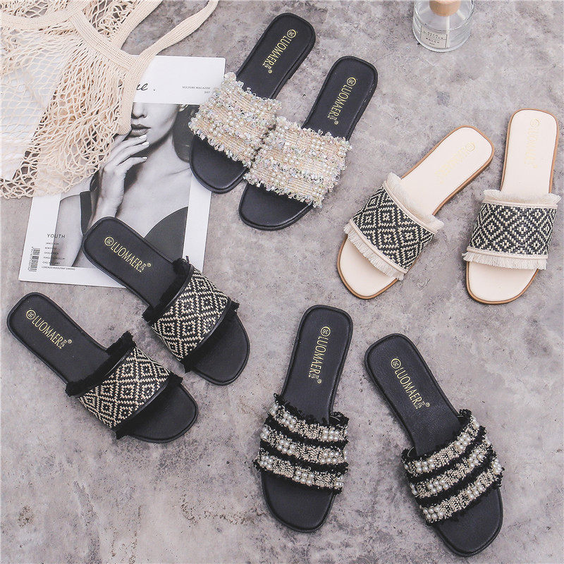 度假凉拖鞋女夏季时尚外穿珍珠流苏C孕妇胖脚宽平底大码女鞋41一4,女鞋,一字拖,淘宝优惠券,粉丝福利购,淘宝优惠卷