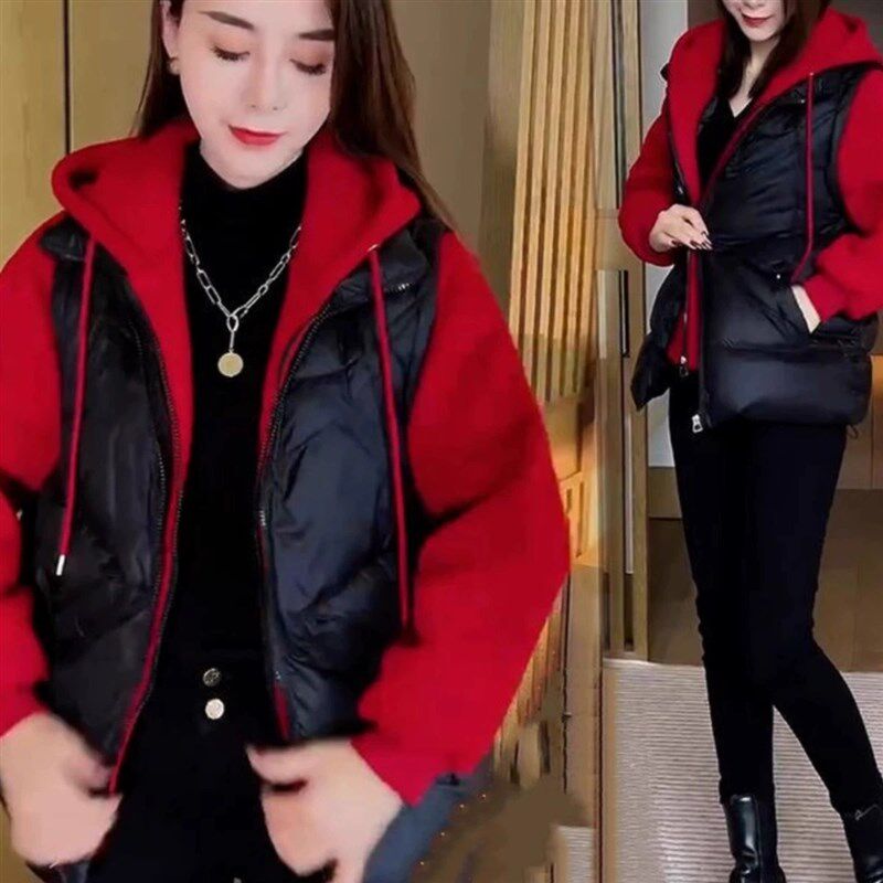 网红爆款b时尚假两件羽绒棉服女2024冬季新款撞色洋气拼接连帽棉