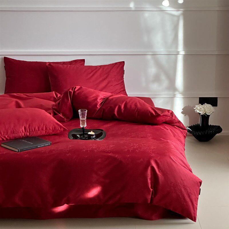 简约红色浪漫100支长绒棉全棉婚庆四J件套被套结婚房床上用品,床上用品,婚庆床品套件,淘宝优惠券,粉丝福利购,淘宝优惠卷