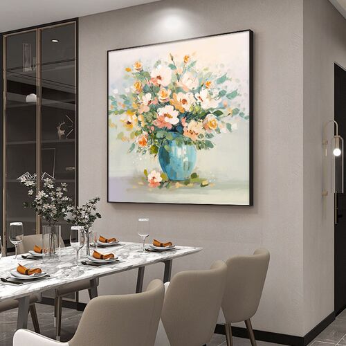手绘花卉肌e理画方形餐厅装饰画大气简约客厅挂画现代简约玄关壁