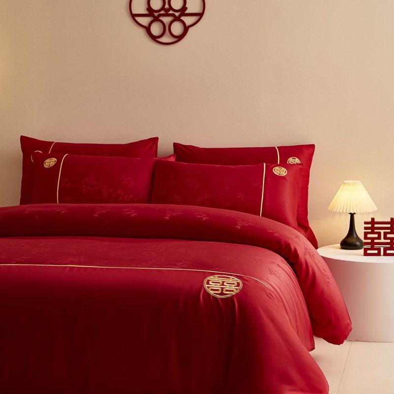 新中式提花结婚四件套婚庆大红色被套新婚喜被罩床Z单床上用品,床上用品,婚庆床品套件,淘宝优惠券,粉丝福利购,淘宝优惠卷