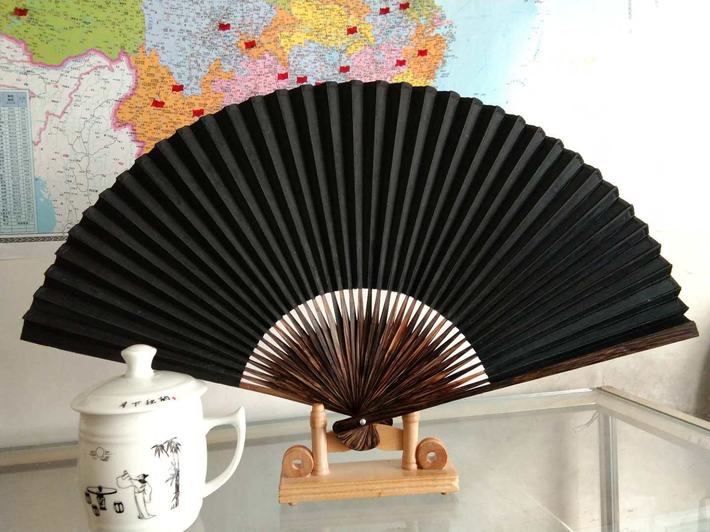 荣昌全手工制作丝绸折扇全棕半棕竹文玩收藏礼品891U0寸黑白色绘