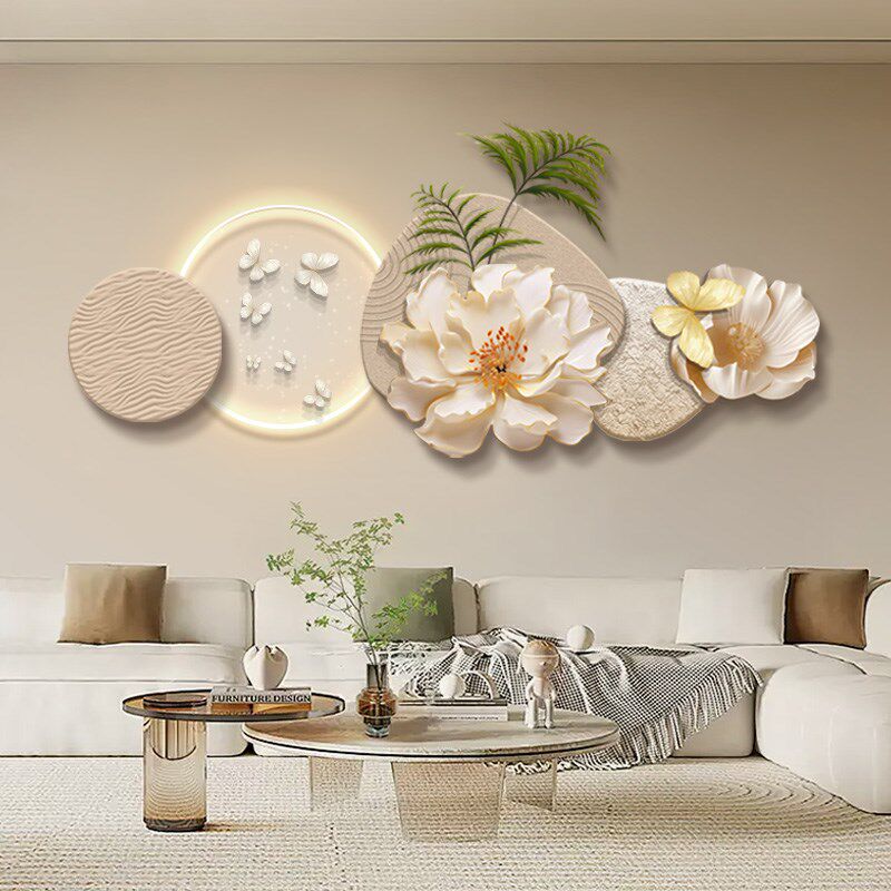 奶油风客厅装饰画高级感多层立体沙发背景墙挂画卧室床.头带灯壁