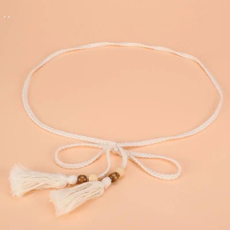 文艺范棉绳编织腰链 配裙子女士长款打结腰带 流苏装饰窄款腰链女