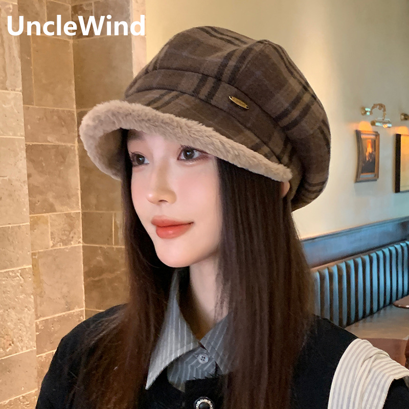 美拉德复古格子毛绒八角帽子女士秋冬季鸭舌帽加厚保暖百搭贝雷帽