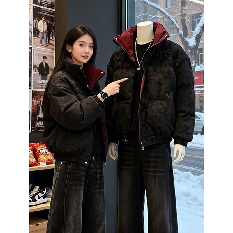 美式复古扎染PU皮羽绒服男女款冬季加厚保暖棉服高级感立领面包服