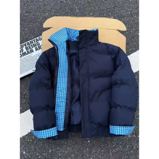 藏青色假两件羽绒服男款冬季美式学院风格子拼接晋江棉服加厚外套