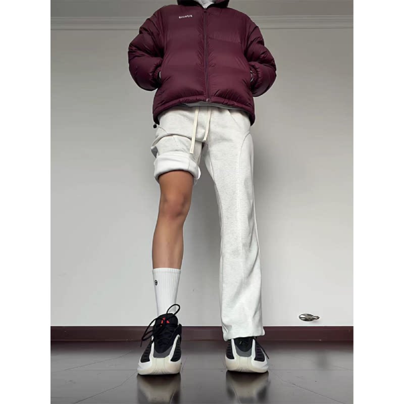 白灰色美式斜切弯刀裤男冬季加绒加厚修身显瘦休闲裤保暖重磅卫裤