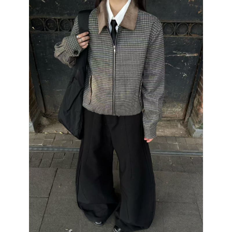 老钱风威尔士亲王千鸟格拼接翻领夹克男秋季美式复古毛呢短款外套
