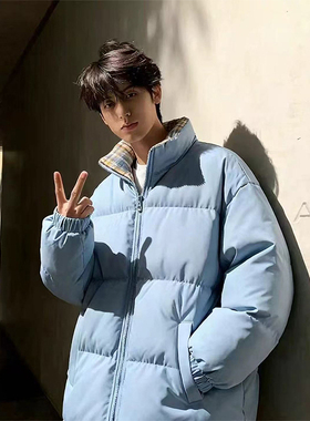 蓝色格子拼接羽绒棉服男冬季青少年加厚保暖棉衣外套不臃肿面包服