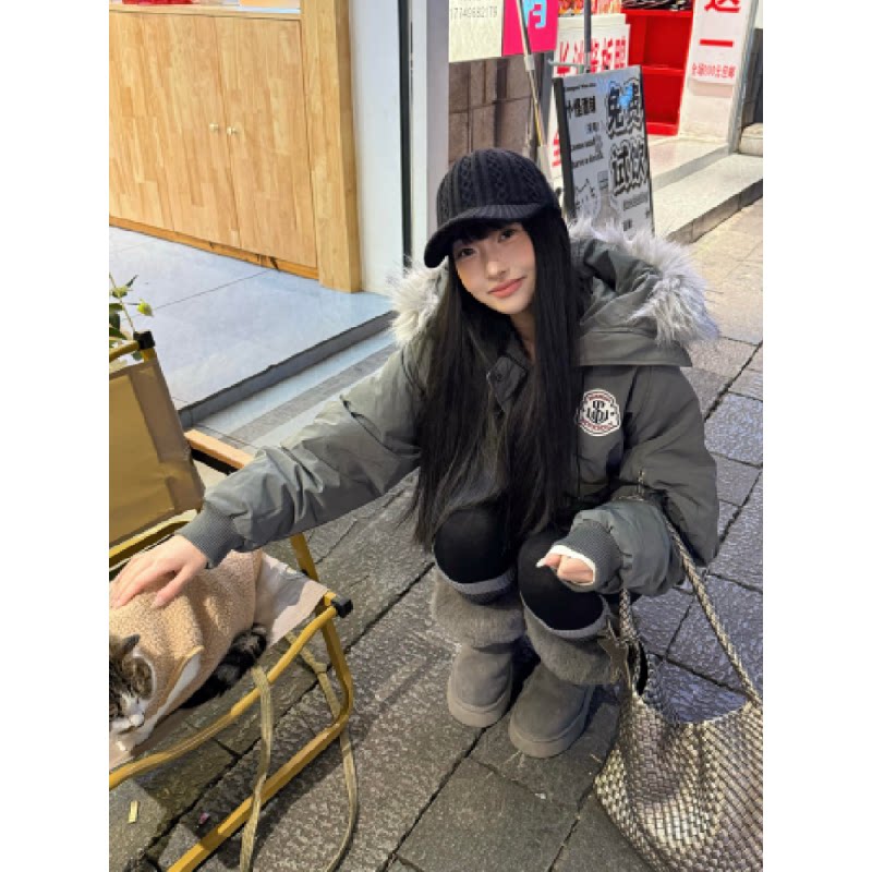 深灰色毛领羽绒棉服男女款冬季加厚保暖设计感工装棉衣美式派克服