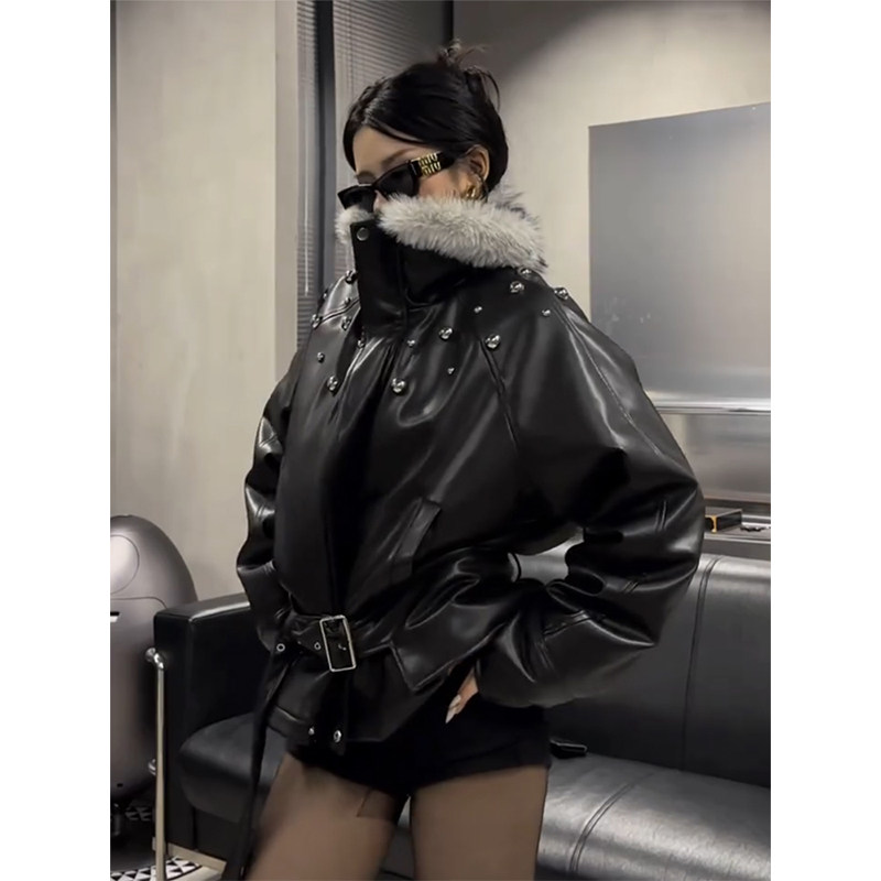 黑色高领仿狼毛毛领棉服外套男女冬季高级感痞帅解构柳钉短款皮衣