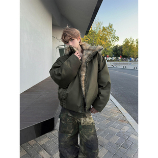 军绿色美式复古座山雕棉服男款冬季加厚保暖皮毛一体棉衣立领外套