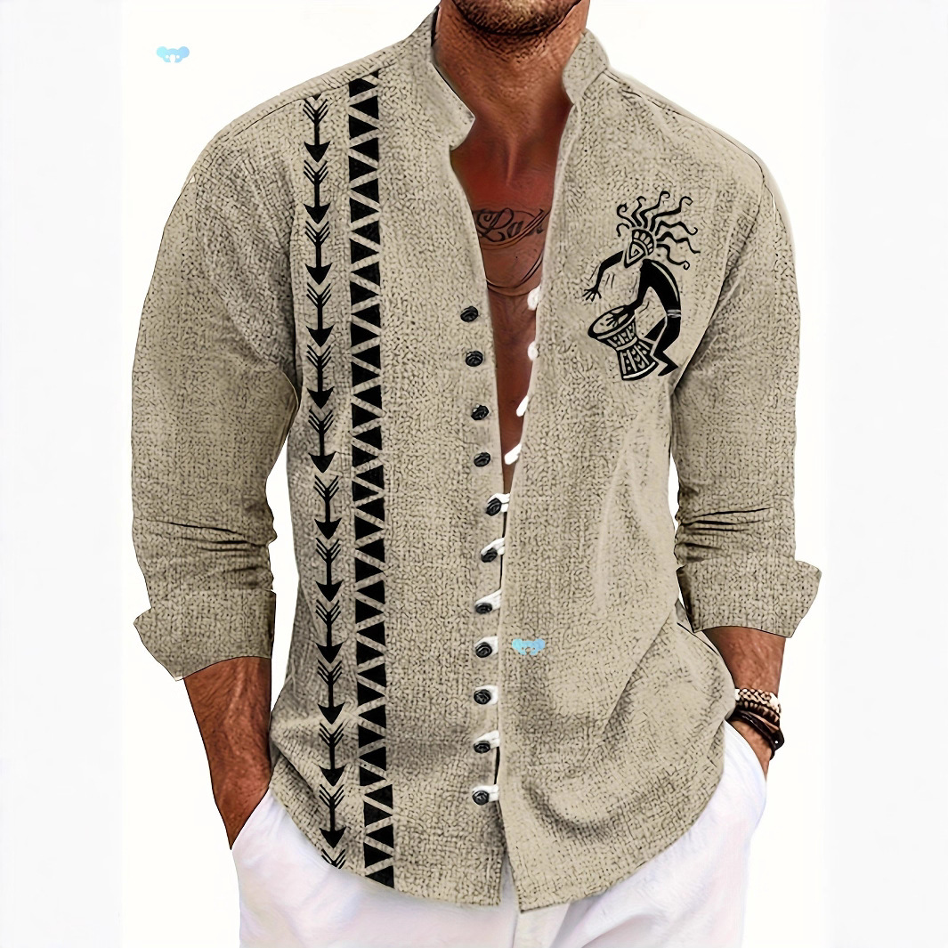 men's casual beige mandarin collar shirt with 3d tribal