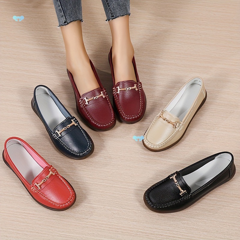 comfy solid color round toe buckle decor loafers soft