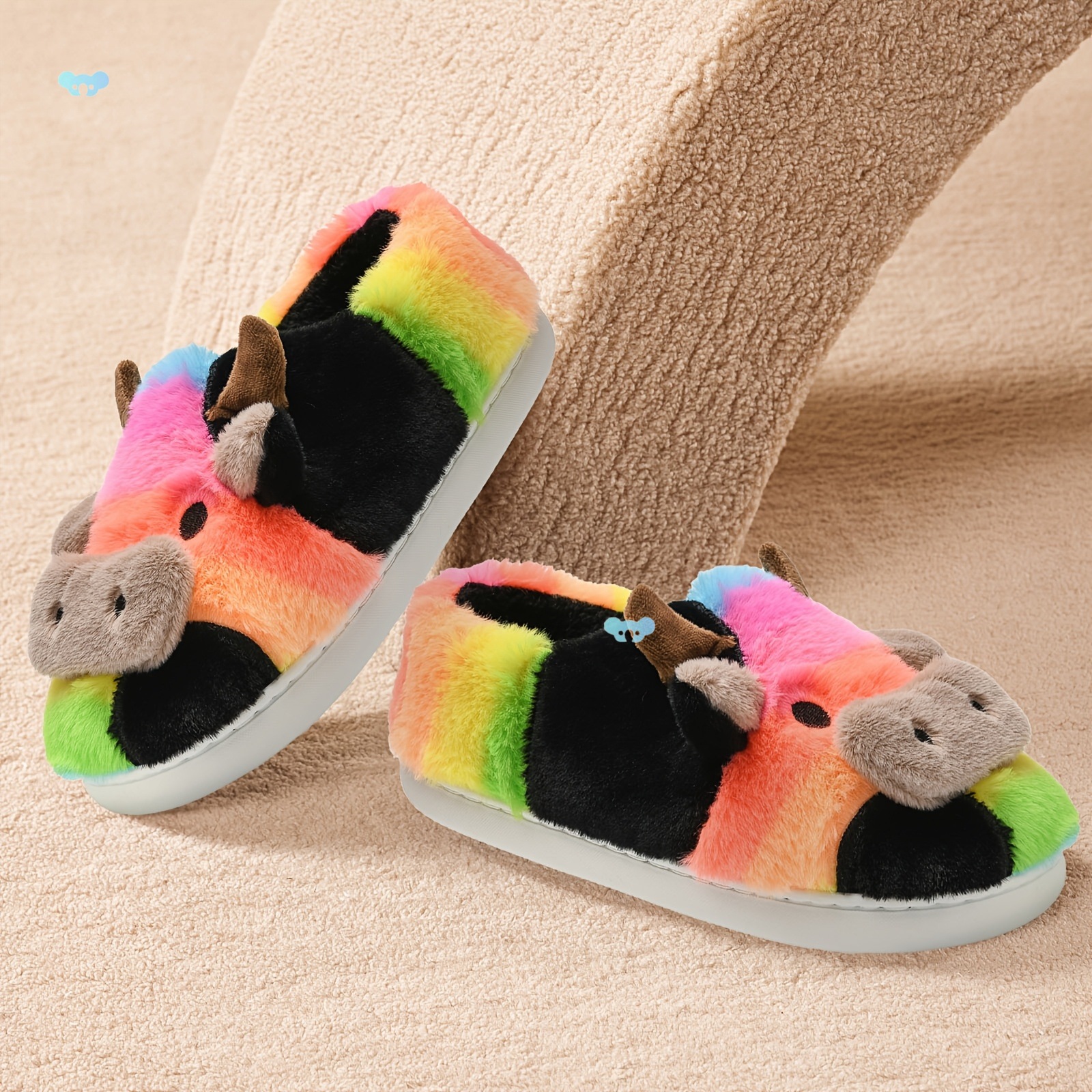 toddler cute fuzzy cow slippers kids cartoon plush warm