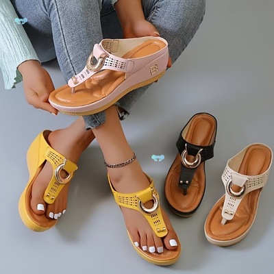 women's metal decor wedge slippers solid color thong non