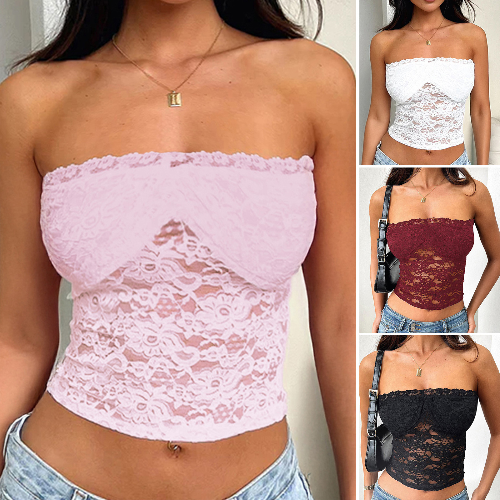 Y2K sexy bandeau crop top with lace-knit details