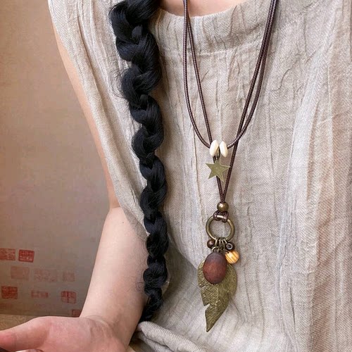 新中式禅意古铜羽毛项链女叠戴