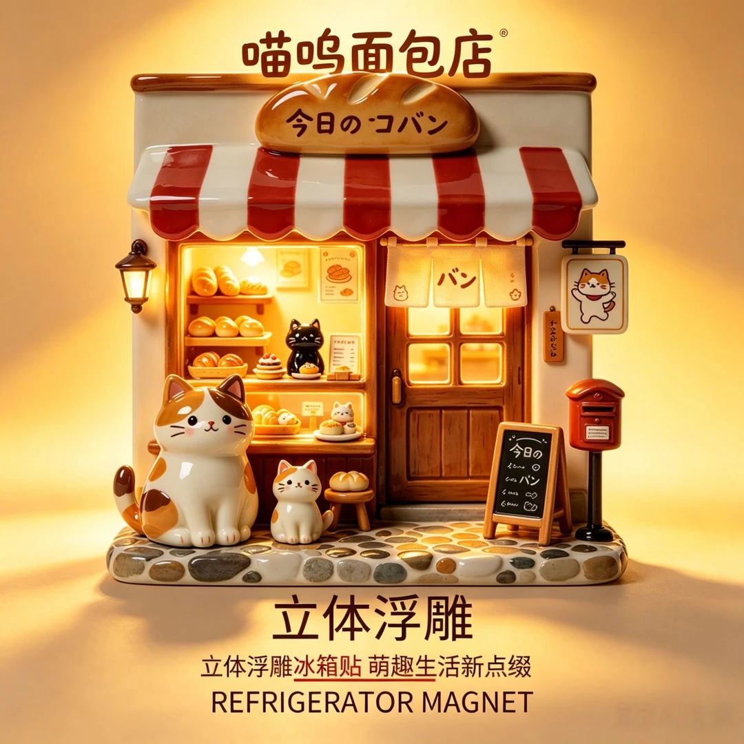 日系可爱治愈猫咪面包店立体冰箱