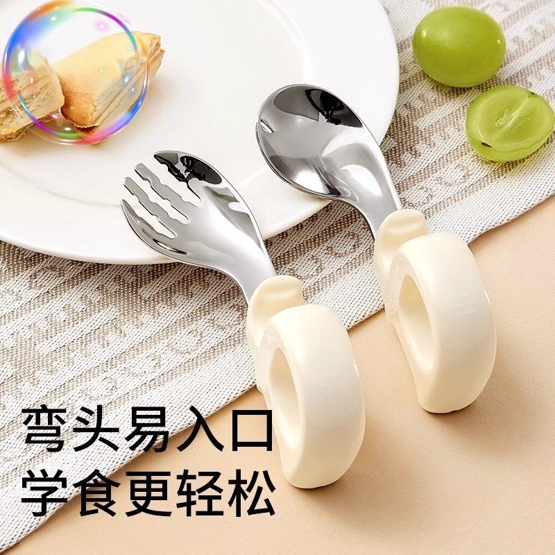 儿童餐具宝宝勺子婴儿p学吃饭自主进食训练叉勺辅食不锈钢婴儿勺