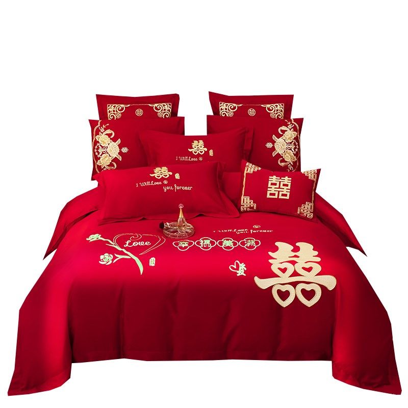 中式婚庆四件套大红100支全棉刺B绣婚房婚礼结婚喜被套单床上用品,床上用品,婚庆床品套件,淘宝优惠券,粉丝福利购,淘宝优惠卷