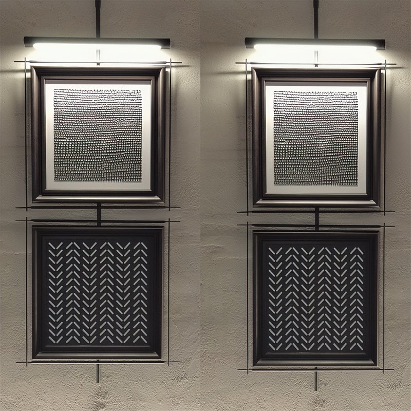 意式极简墙面客厅玄关挂画吊杆带灯背景墙装饰画样V板房金属装置
