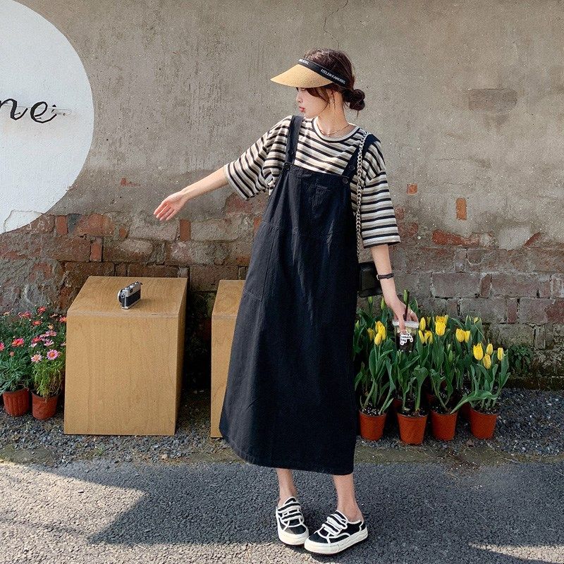 黑色牛仔背带裙套装女夏季2025年E新款韩系减龄休闲条纹T恤两件套