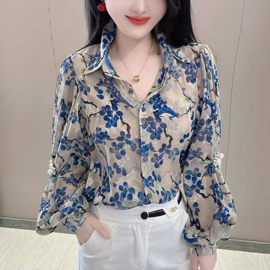 大码宽松显瘦设计感灯笼袖碎花衬衣衫2025早P春新款时尚长袖衬衫