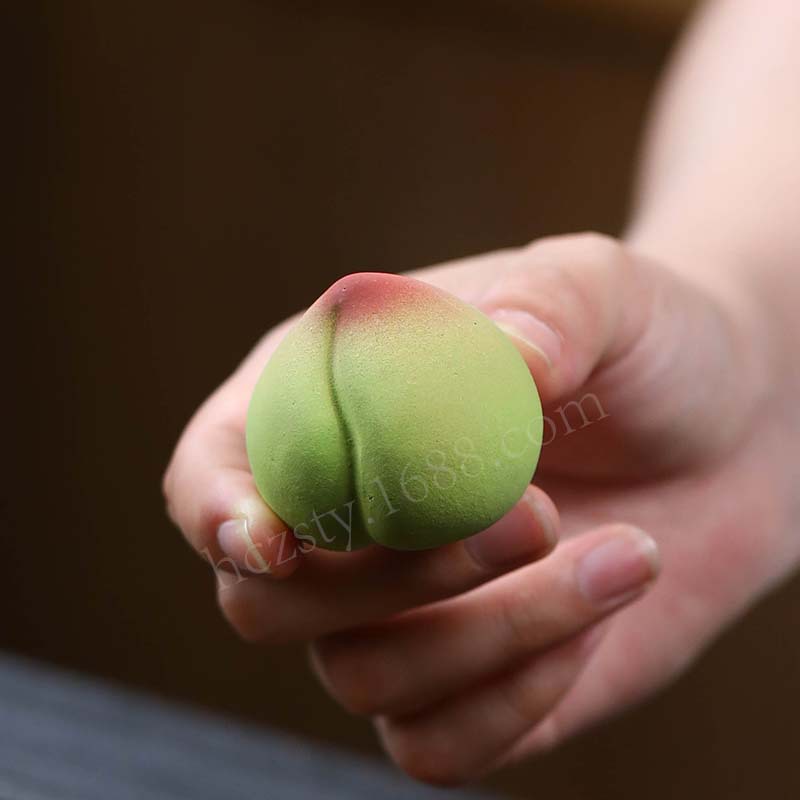 宜兴紫砂茶宠桃子仿生寿桃摆件创意手工茶具茶玩毛桃同款茶宠摆件