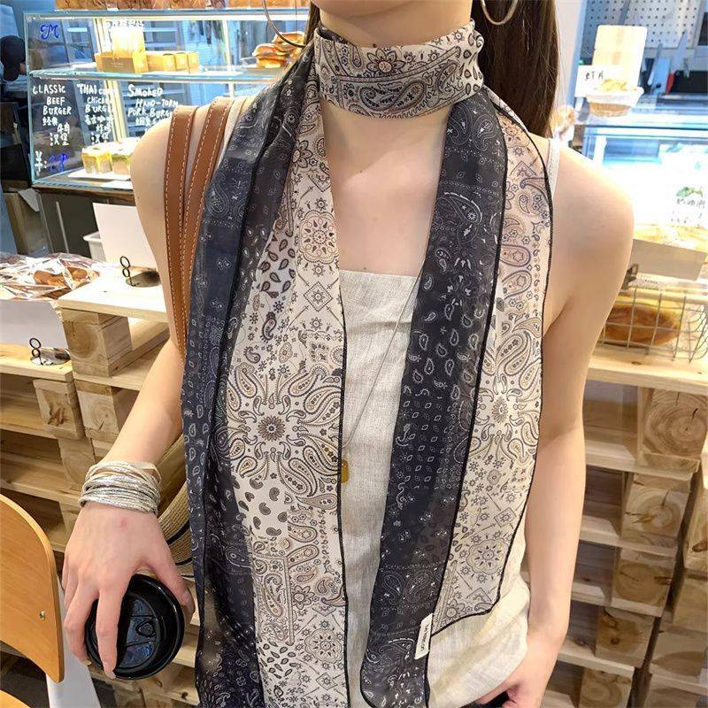 复古高级感条纹长条丝巾女2026新款氛围感细长条系脖飘带薄款领巾图片