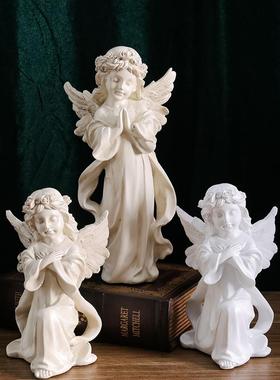 欧式复古天使摆件美式树脂石膏雕像雕塑小天使女孩桌面装饰品道具