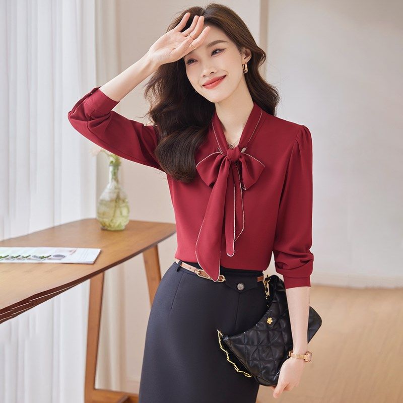 红色衬衫女V领长袖薄款垂感洋气春秋2024新款Q工作服雪纺衬衣套装