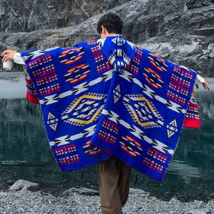 民族风大披肩男宝蓝色外搭披风斗篷带帽围巾云南丽江新Z疆旅游拍
