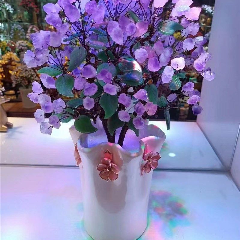 紫水晶发财树黄水晶摇钱树家居y摆饰客厅玄关酒柜店铺开业乔迁送