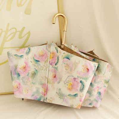 超好看!水印花朵小弯钩三折伞八C骨加固抗风彩胶晴雨两用女遮阳伞