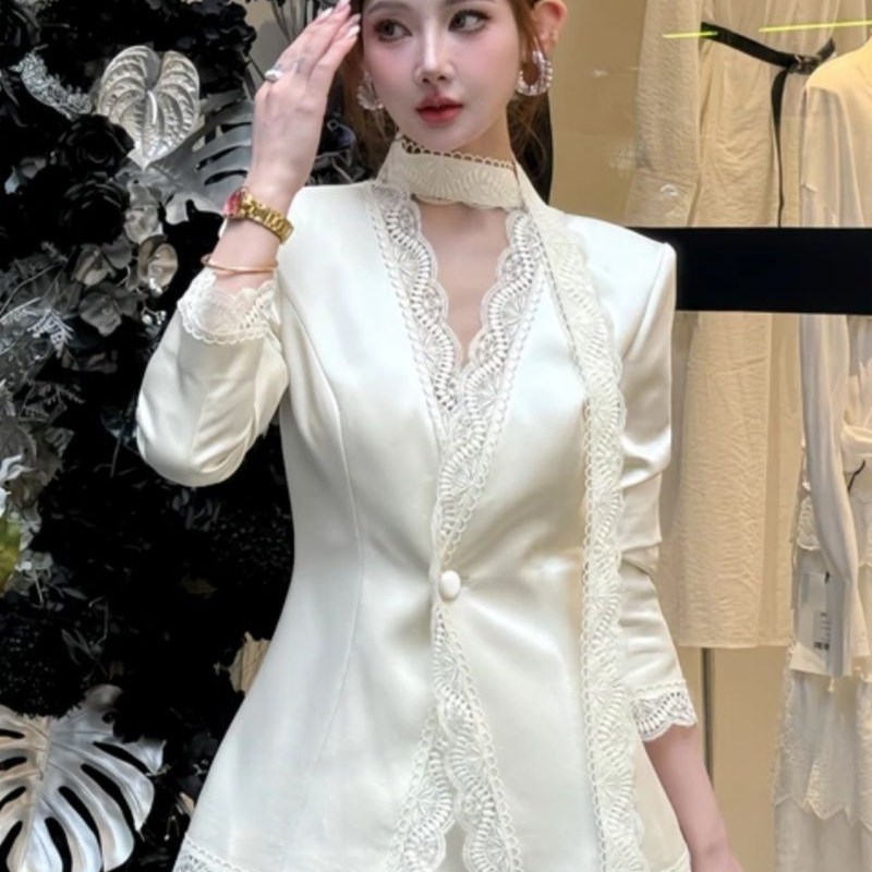 法式轻熟气质时髦褶皱蕾丝花边V领长袖套装女2025春季新款套装ins