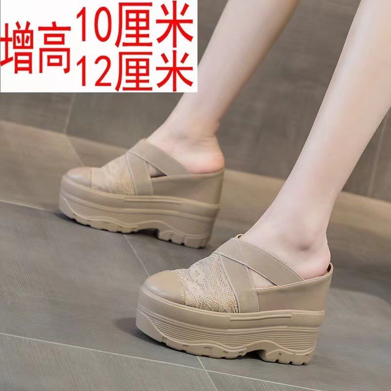 新款包头拖鞋女夏外穿12公分小个子内F增高跟10cm厘米厚底秀气半