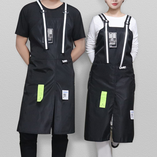 美发师防水油围裙定制男士大码开叉工作服韩版女R时尚黑色加长围