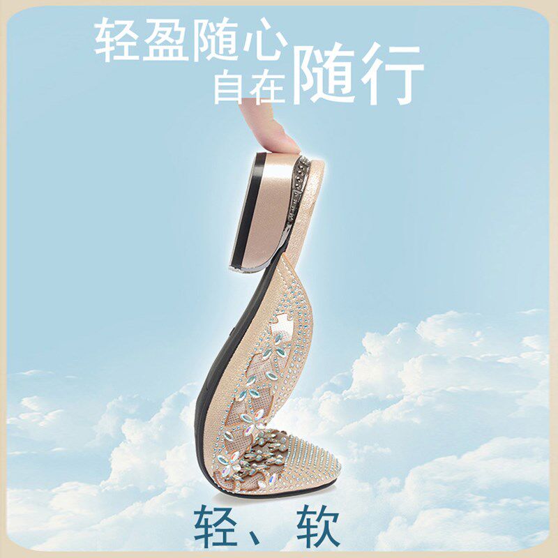 中年妈妈凉拖鞋包头拖鞋外穿夏季女士金色水钻凉鞋网纱Y软底半拖