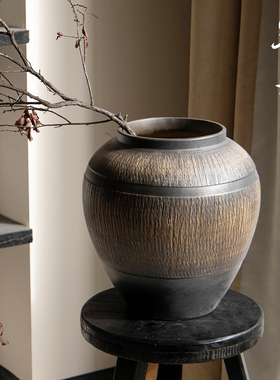 简约现代陶瓷花瓶插花装饰侘寂y风客厅摆件黑色大口中式陶瓷插花