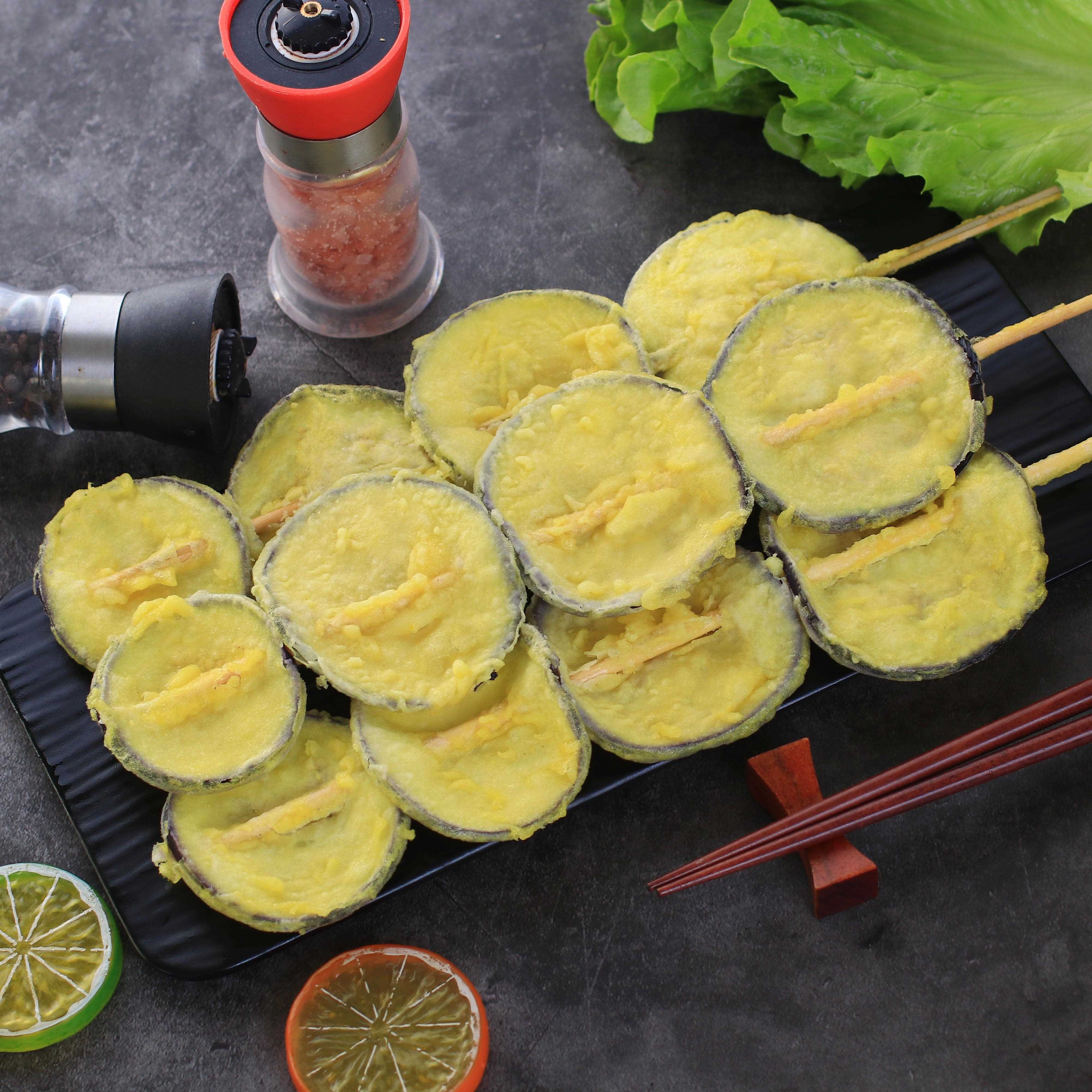 新货哈里王黄金茄子片串裹粉油炸小吃烧烤食材新鲜茄子串商用半成
