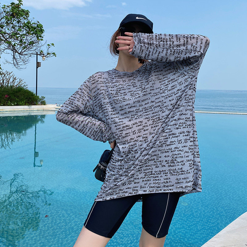 分体式女泳衣遮肚子大码微胖女孩C三件套长袖罩衫遮肉运动5五分裤