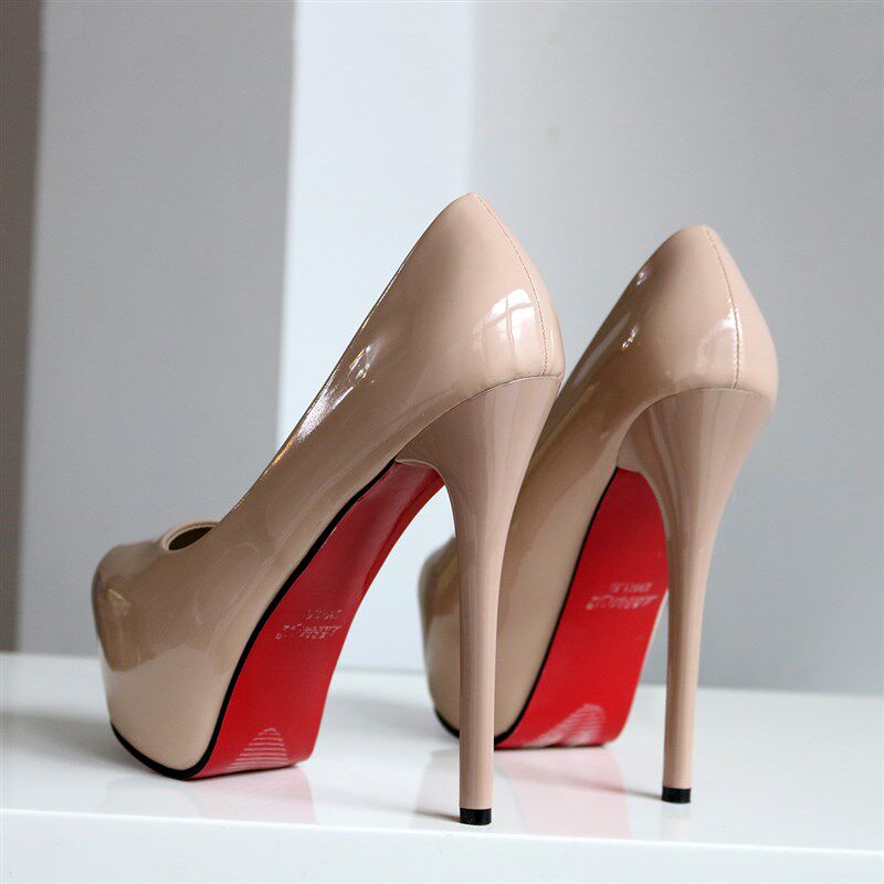 黑色漆皮超高跟鞋尖头单鞋女v细跟14cm内防水台夜店恨天高百搭简