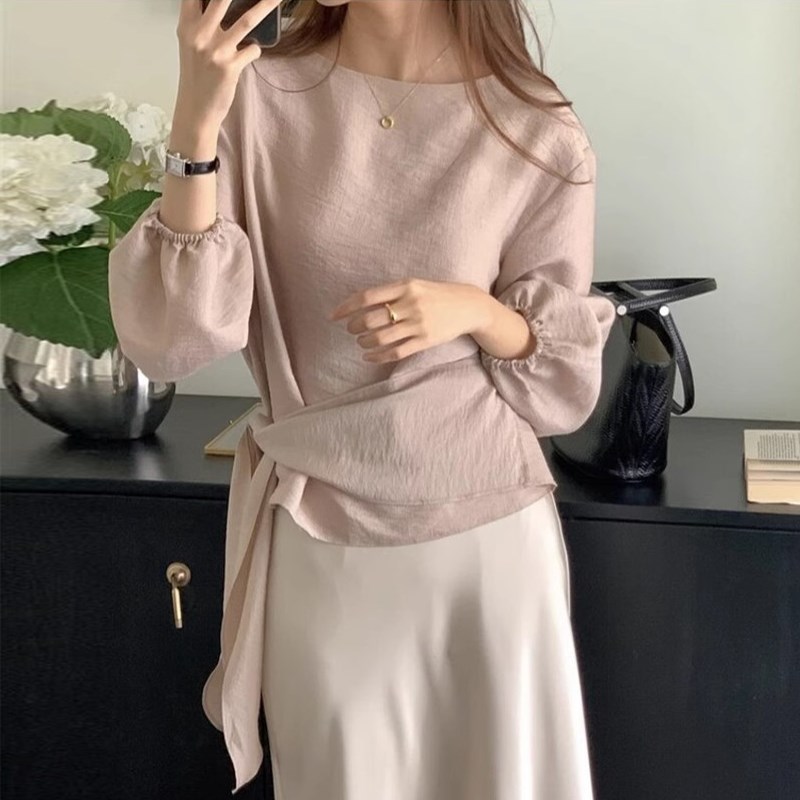 韩版chic秋季简l约气质圆领侧边飘带设计收腰百搭泡泡袖纯色衬衫