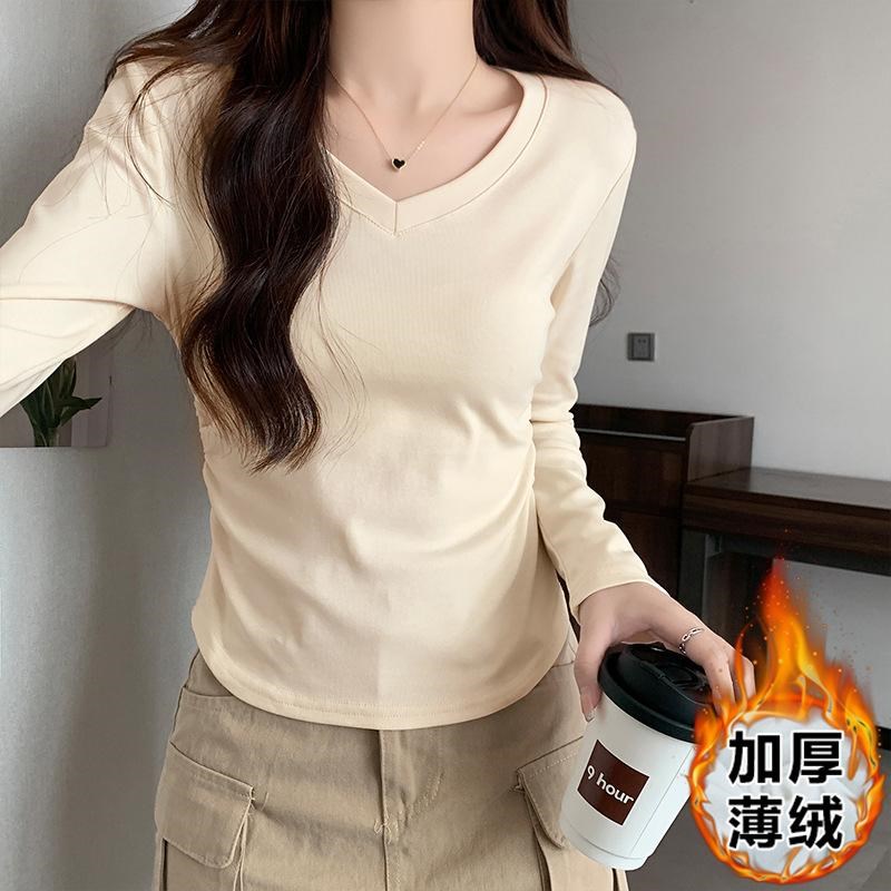 正肩美式长c袖V领T恤女2024年秋冬爆款加绒加厚设计感长袖女气质